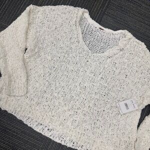 Free People Ivory V Neck Knit Sweater Long Sleeve Textured Relaxed Fit M‎